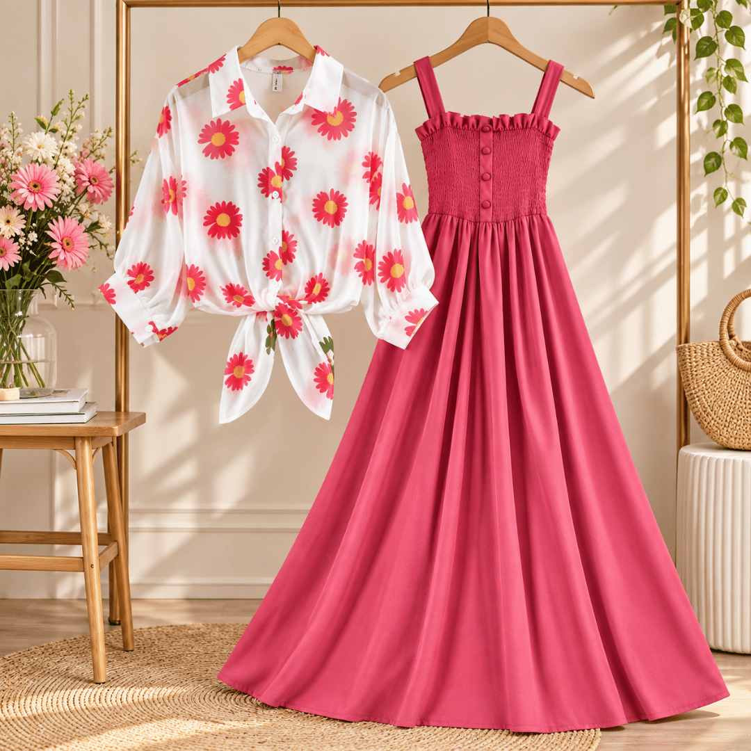Women’s Solid Smocked Maxi Dress with Jacket | Sleeveless Party & Casual Wear One-Piece Dress