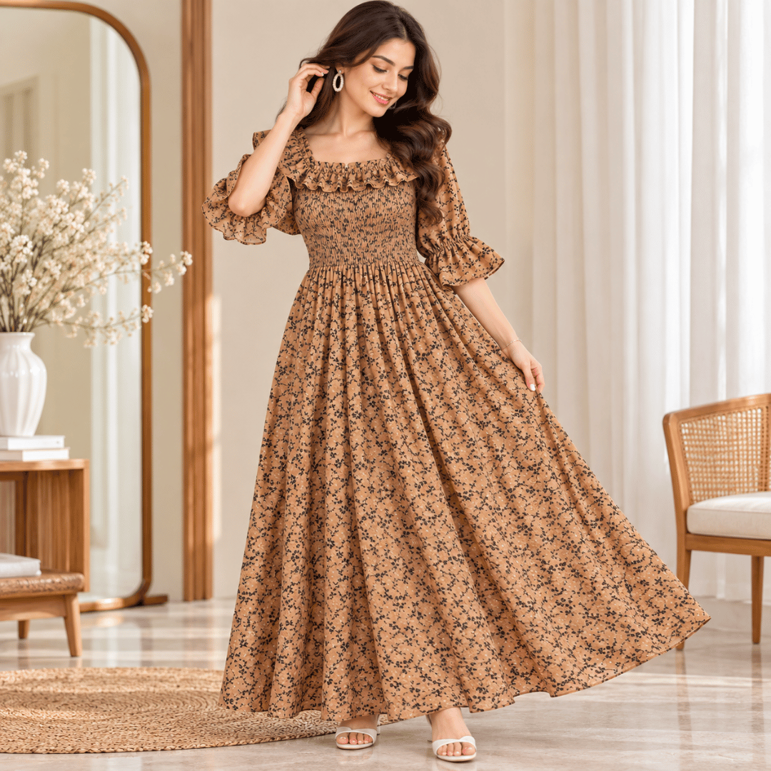 Women’s Floral Printed Party Wear Gown | Elegant Pleated & Gathered Long Dress