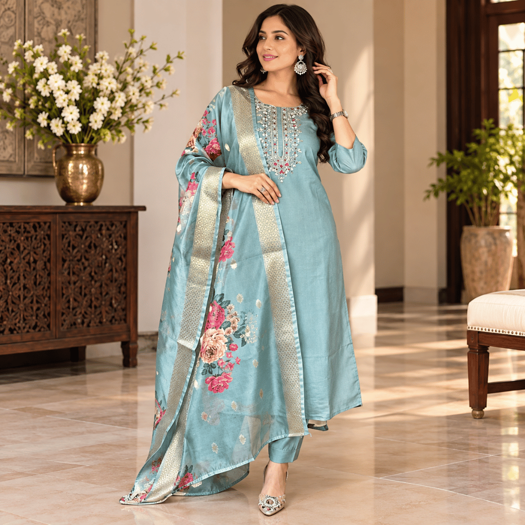 Women’s Traditional Cotton Kurta Set | Embroidered Kurti & Floral Dupatta