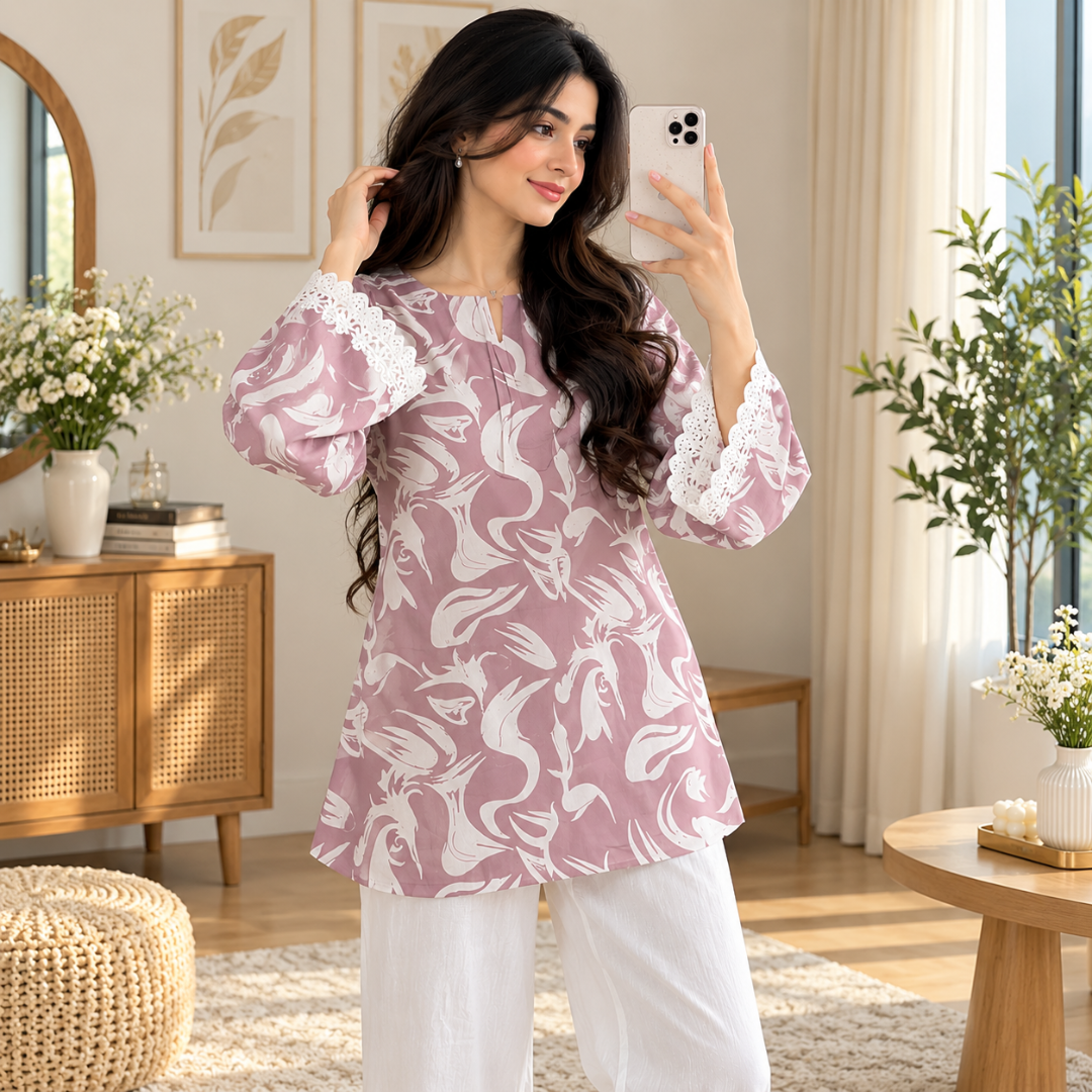 Women’s Floral Printed Cotton Short Kurti | Embroidered Tie-Up Kurti for Daily & Party Wear