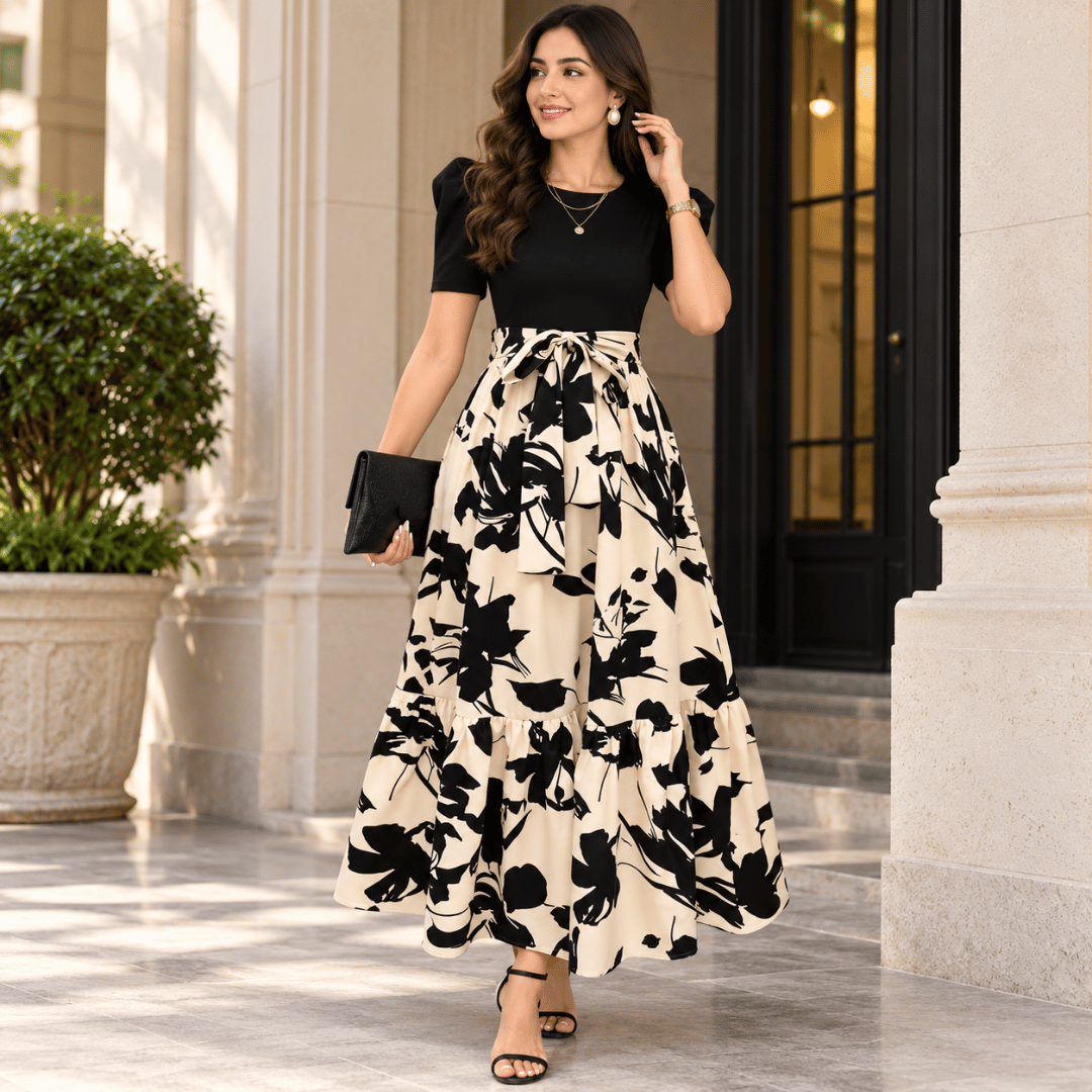 Stylish Black & Beige Floral Maxi Dress for Women | Puff Sleeve Fit & Flare Partywear Dress