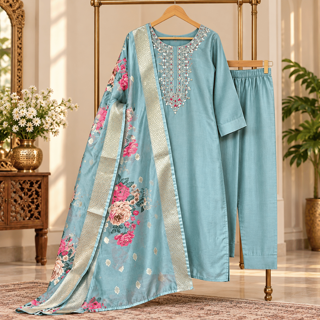 Women’s Traditional Cotton Kurta Set | Embroidered Kurti & Floral Dupatta