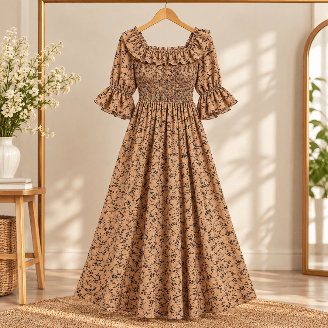 Women’s Floral Printed Party Wear Gown | Elegant Pleated & Gathered Long Dress