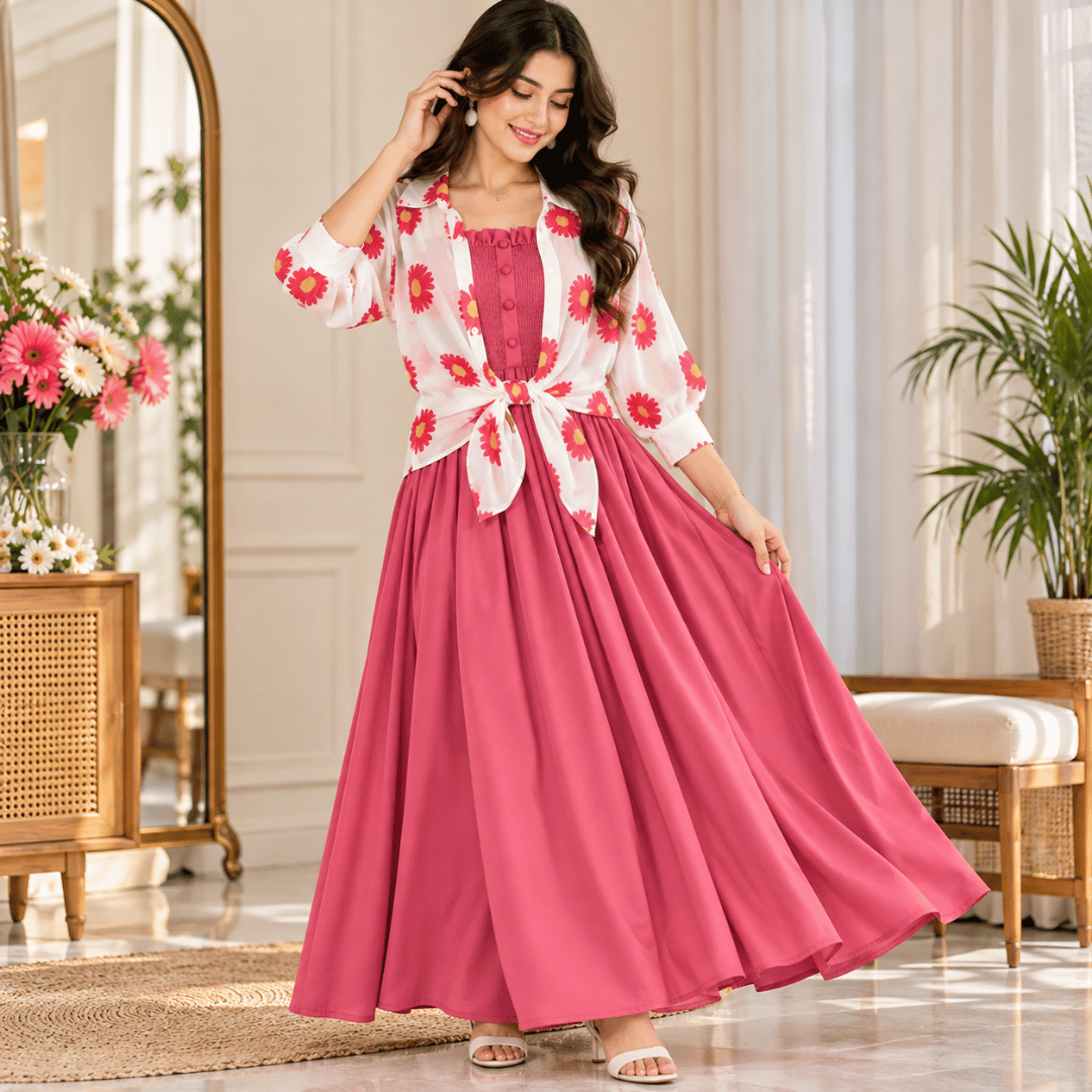 Women’s Solid Smocked Maxi Dress with Jacket | Sleeveless Party & Casual Wear One-Piece Dress