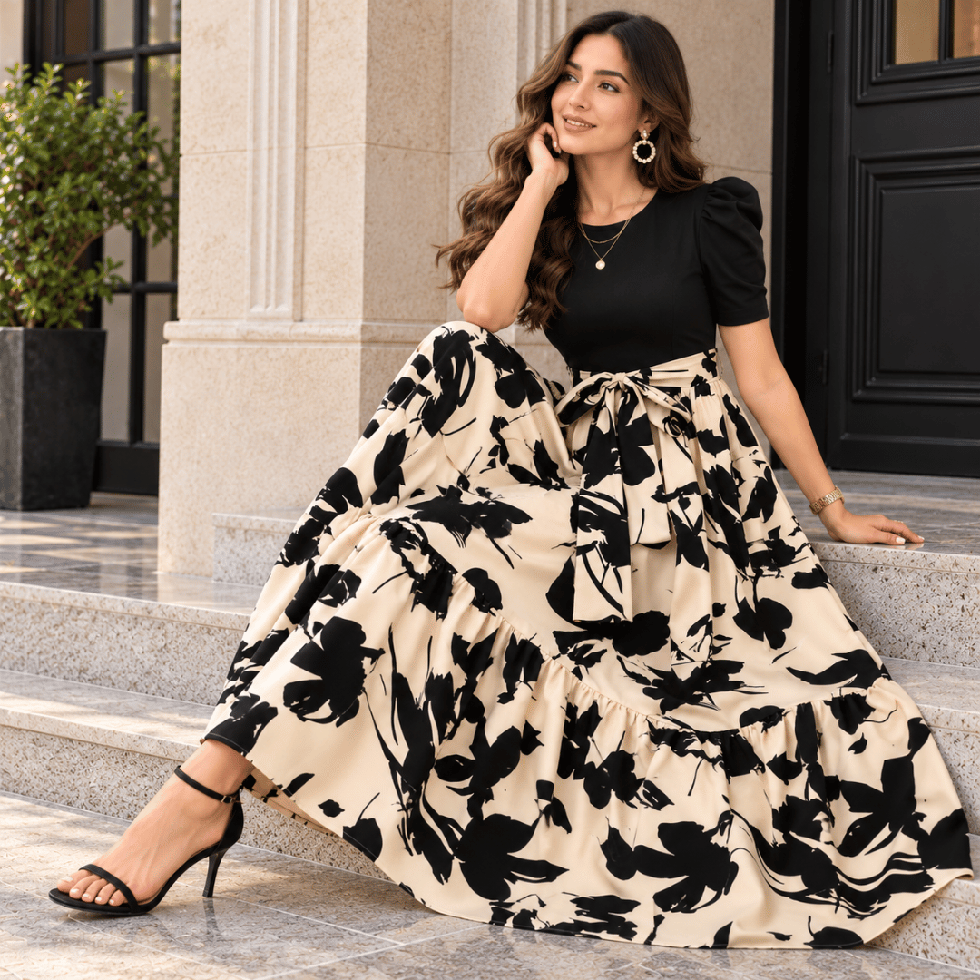 Stylish Black & Beige Floral Maxi Dress for Women | Puff Sleeve Fit & Flare Partywear Dress