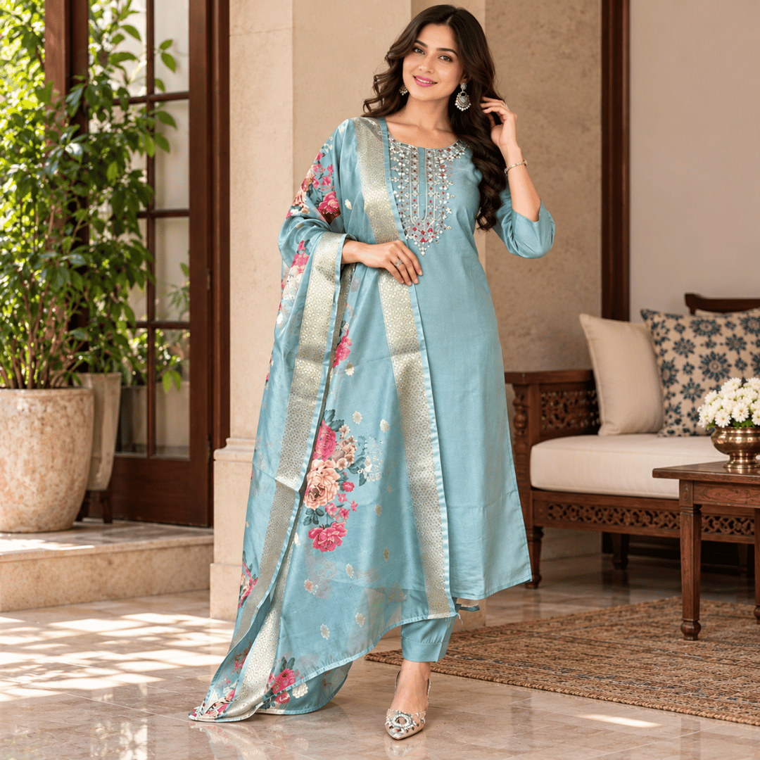 Women’s Traditional Cotton Kurta Set | Embroidered Kurti & Floral Dupatta