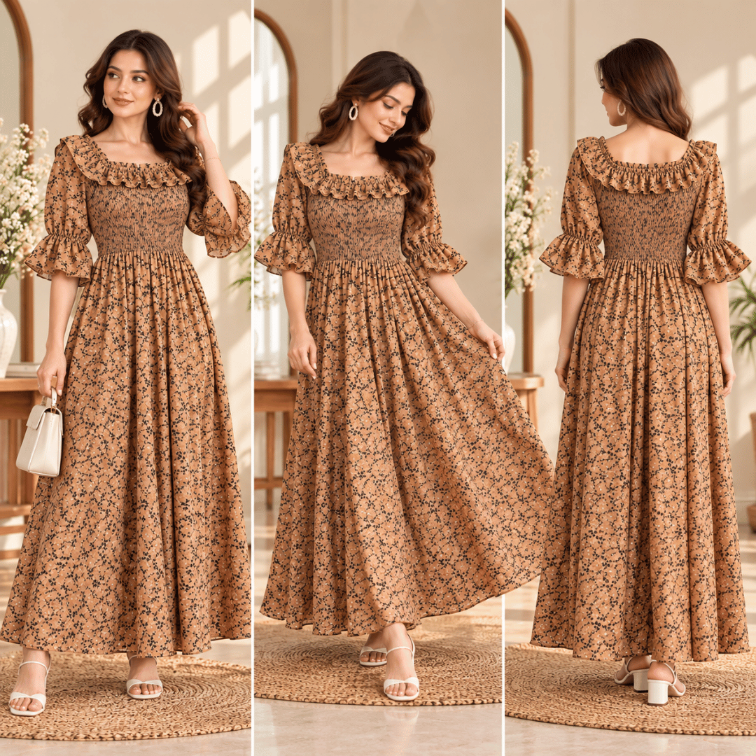 Women’s Floral Printed Party Wear Gown | Elegant Pleated & Gathered Long Dress