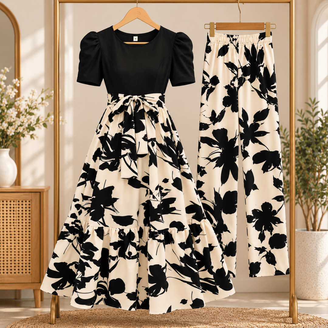 Stylish Black & Beige Floral Maxi Dress for Women | Puff Sleeve Fit & Flare Partywear Dress
