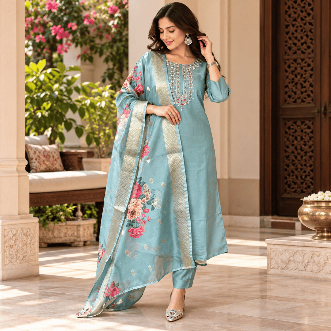 Women’s Traditional Cotton Kurta Set | Embroidered Kurti & Floral Dupatta